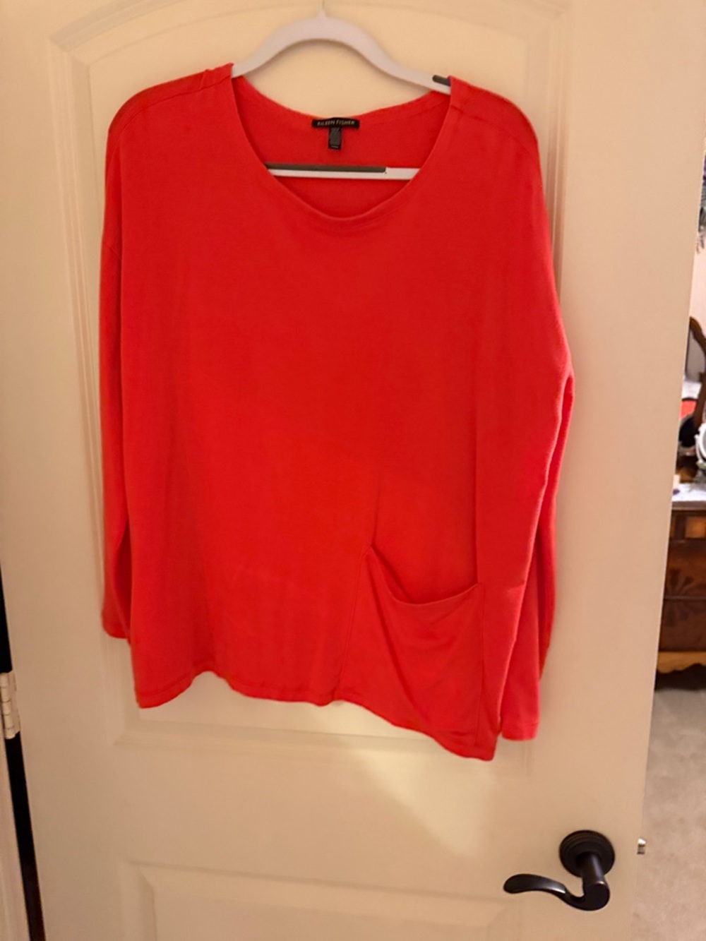 Eileen Fisher Coral-Red Scoop Neck Pocket Pullover